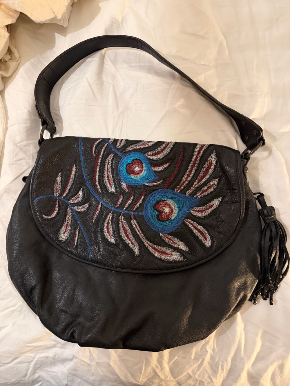 Mary Norton- Black Leather Flap Shoulder Bag with Embroidered Peacock Feathers